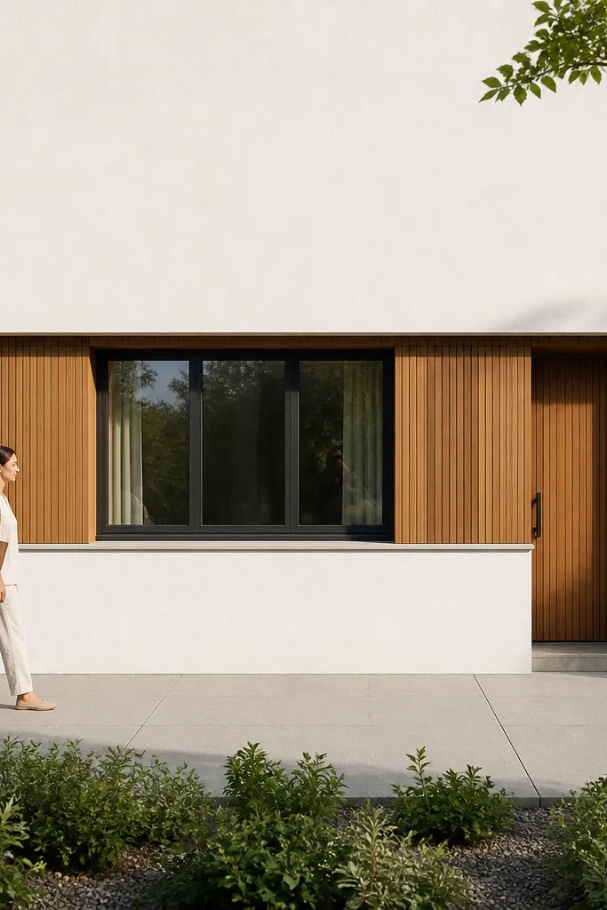 Matte white facade with a recessed warm oak band framing windows