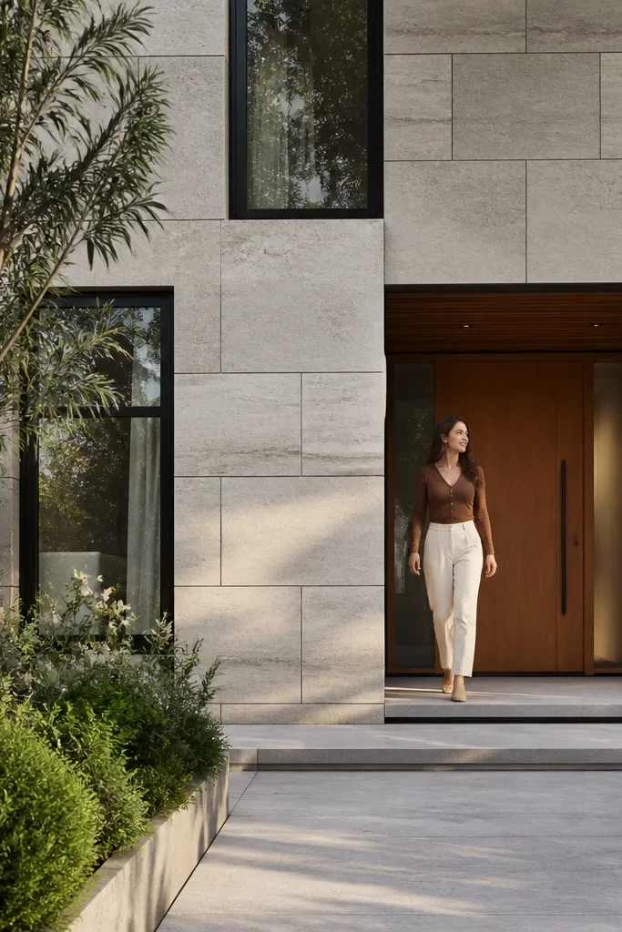 Stone-look facade panels with slim black window borders and a warm entry area