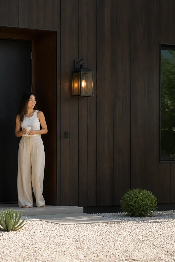 Dark walnut vertical cladding with light gravel and one lantern-style sconce