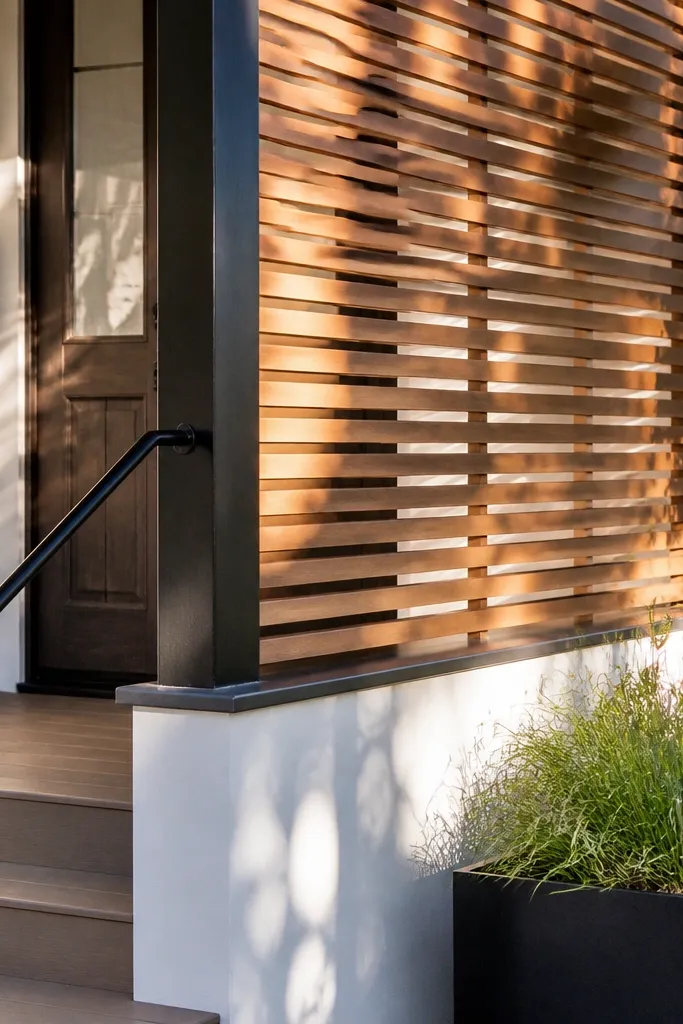 Porch with slatted screen, white base plinth, and black handrail