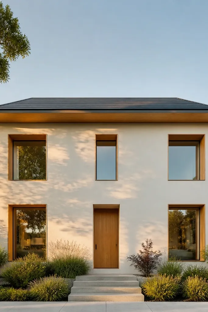 Single-plane facade with hidden gutters and warm wood around windows