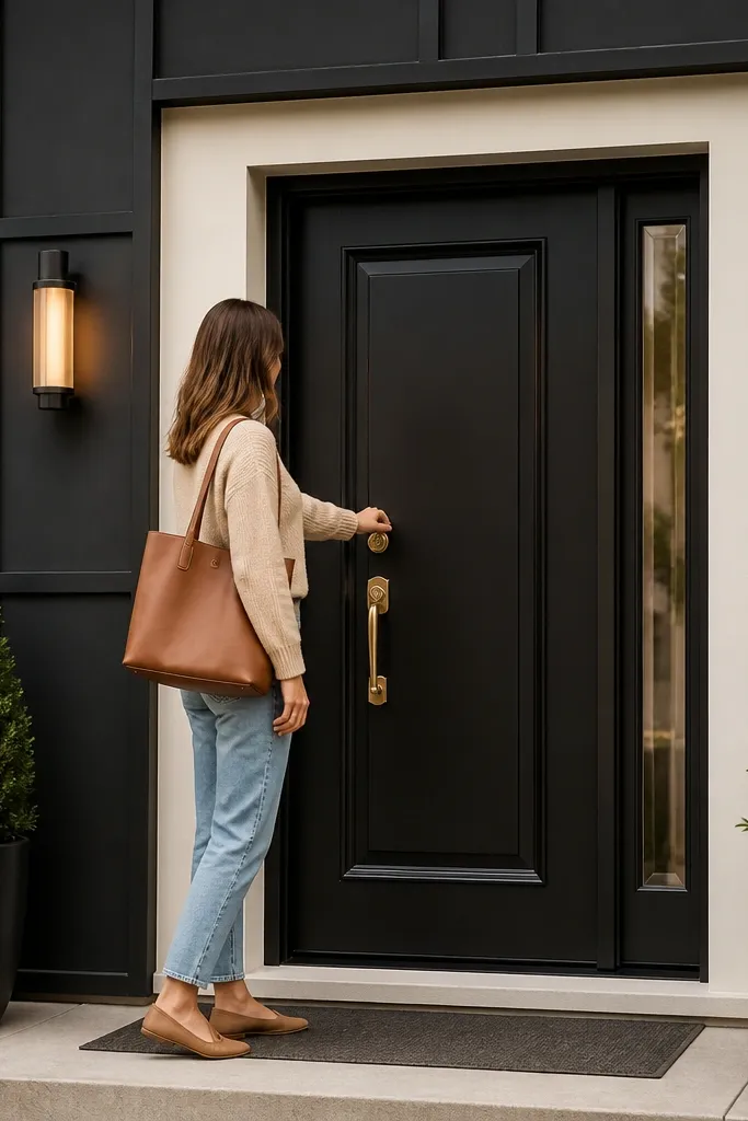 Cream entry wall with matte black panel grid and warm brass door hardware