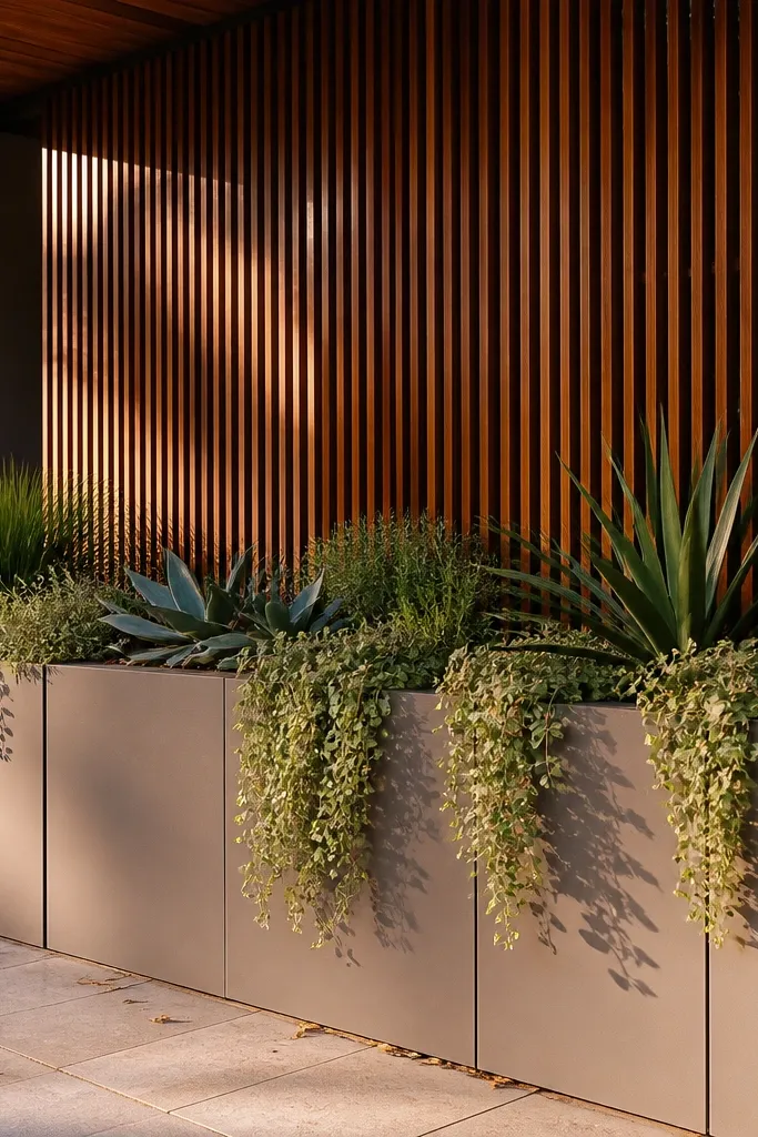 Cedar screen wall behind planters with a matte taupe facade base
