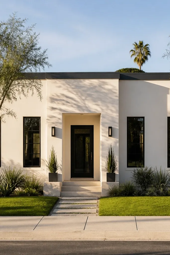 Warm white stucco facade with a thin charcoal ribbon around the roofline