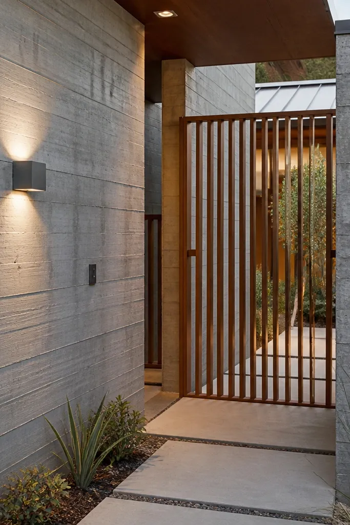 Concrete-look cladding facade with a soft wood slat gate at the entry