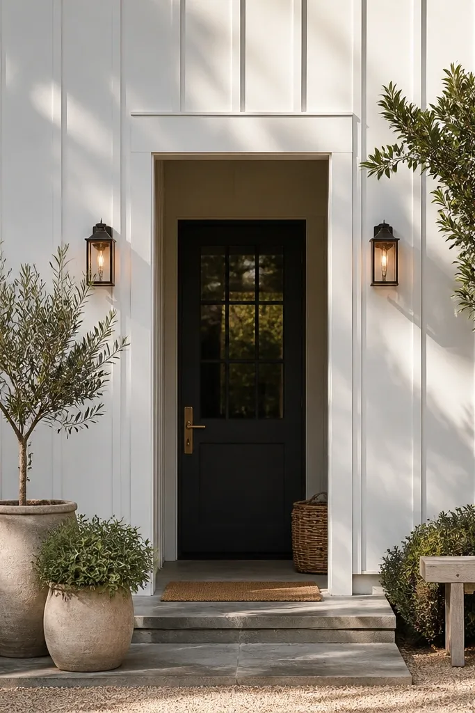 Matte white board-and-batten facade with a dark recessed doorway and two warm sconces