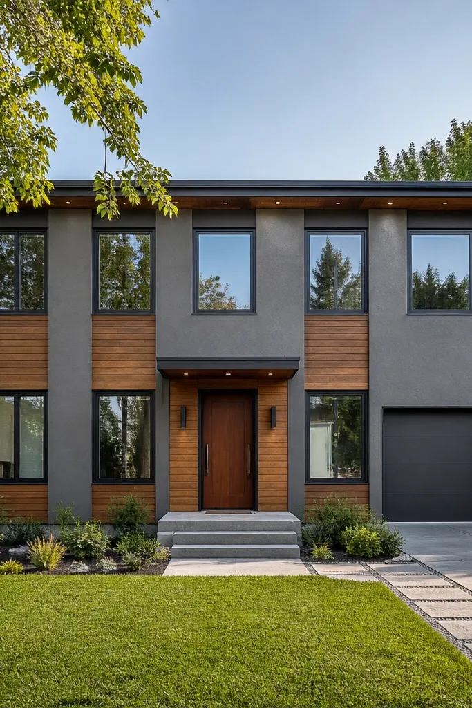 Gray stucco facade with vertical cedar accents aligned with each window bay