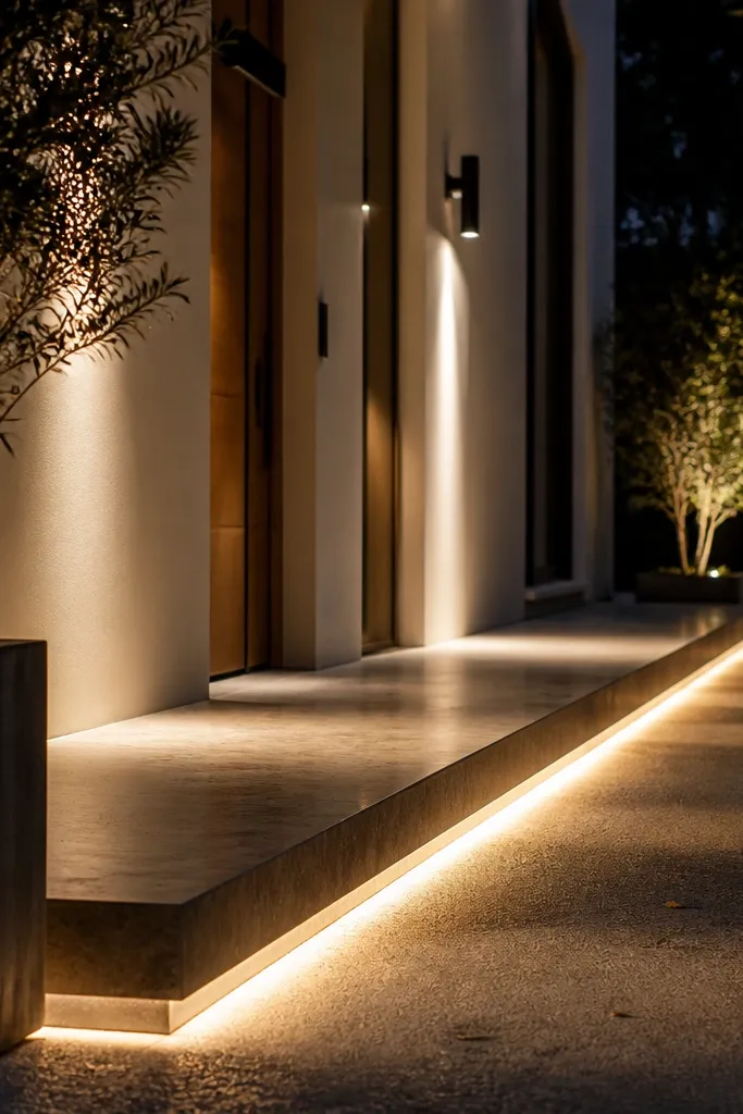 Warm white facade with recessed LED lighting along the entry step