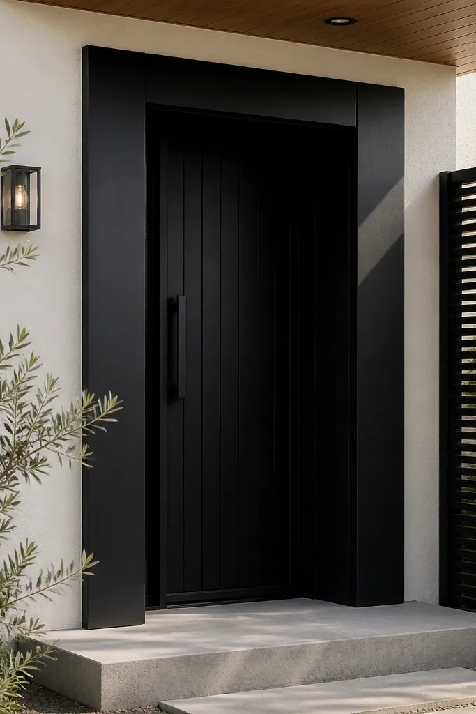 Off-white facade with matte black door surround and slatted privacy screen on the side