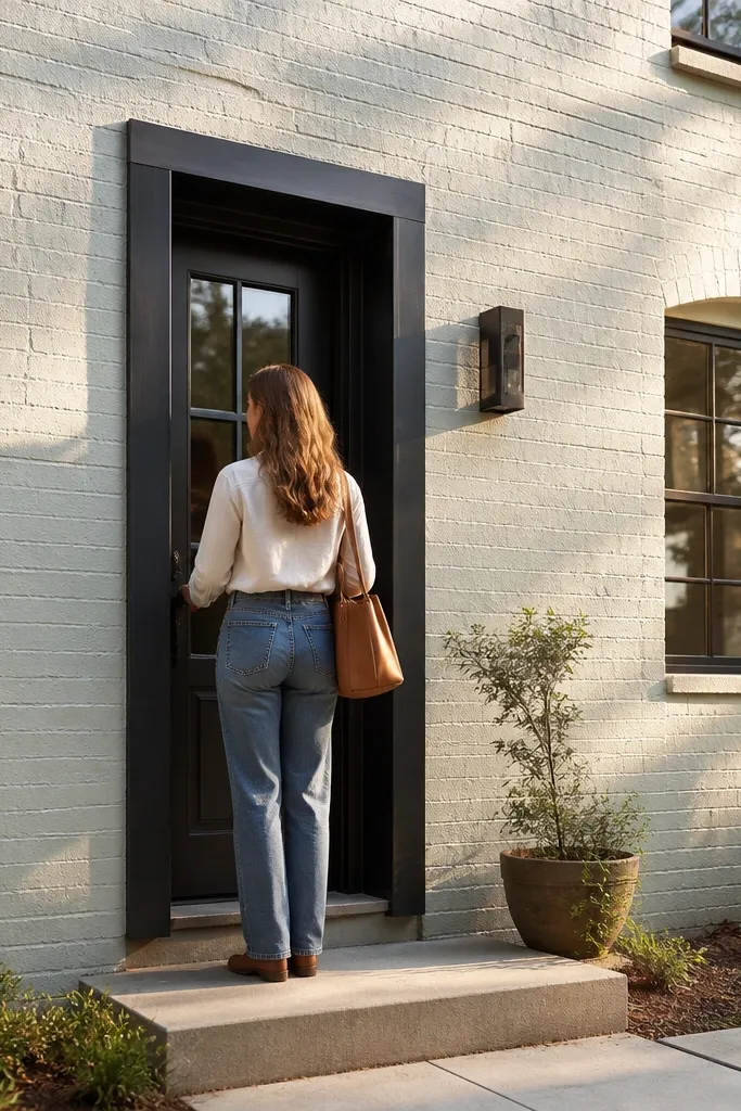 Limewashed brick front with a dark door frame and clean shadow gap lines