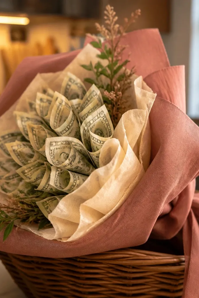 Cream tissue and dusty rose wrapping around a bouquet with a brown ribbon