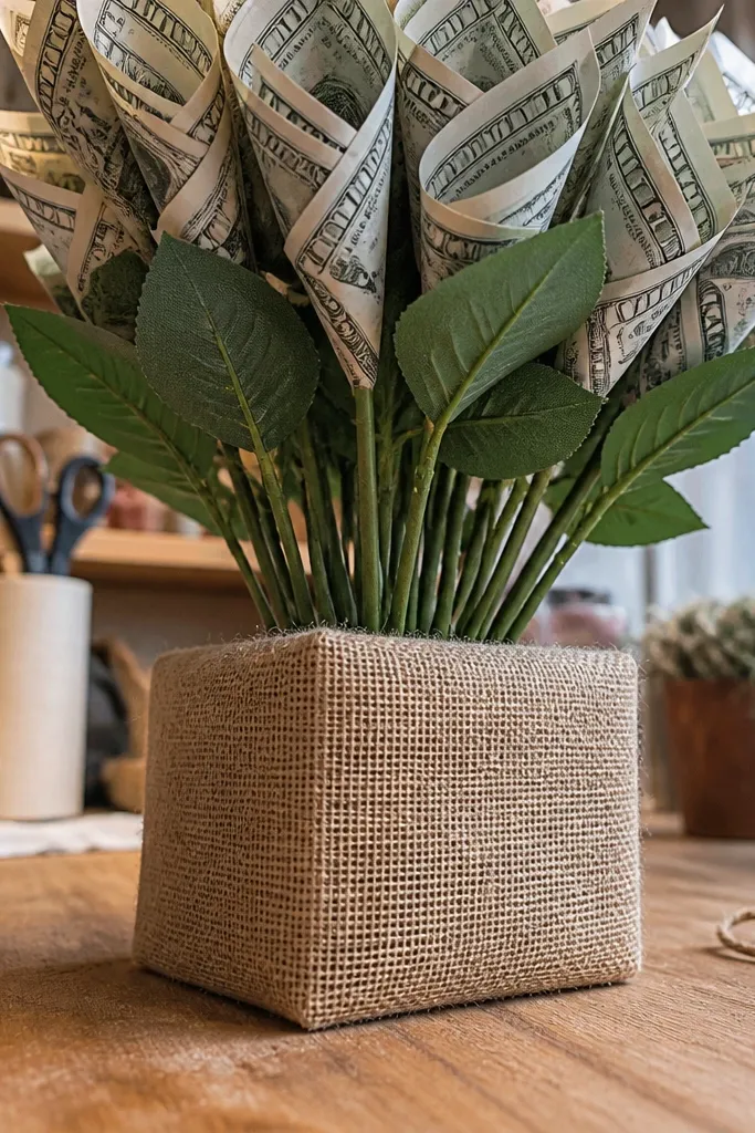 Burlap-wrapped foam block base holding stems and money pieces