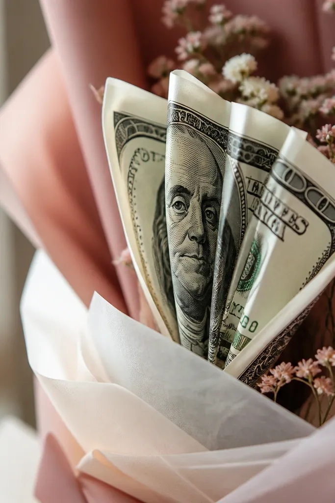 Folded money bills shaped like petals with tape hidden on the back fold