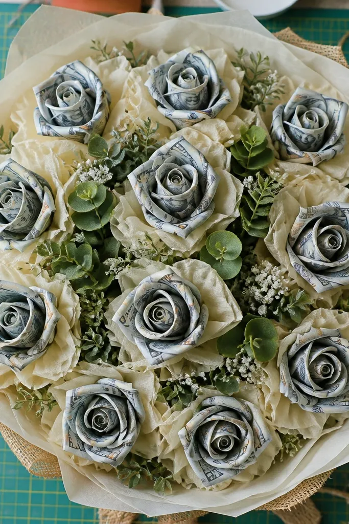 Money bill petals spaced evenly around a bouquet stem cluster