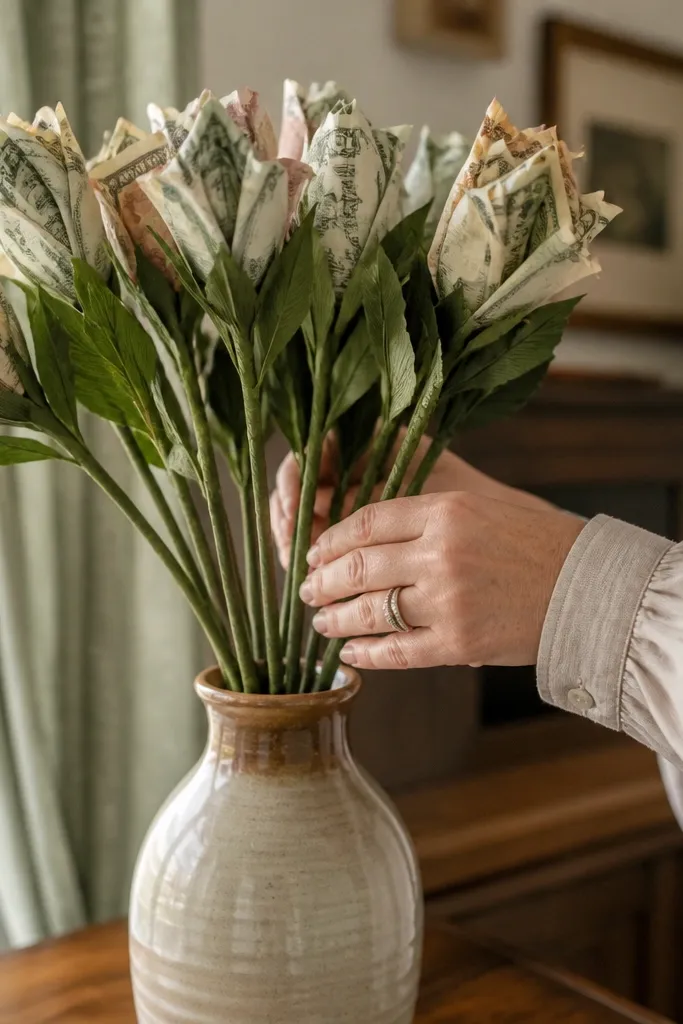 Brown wire stems wrapped with green floral tape holding money petals