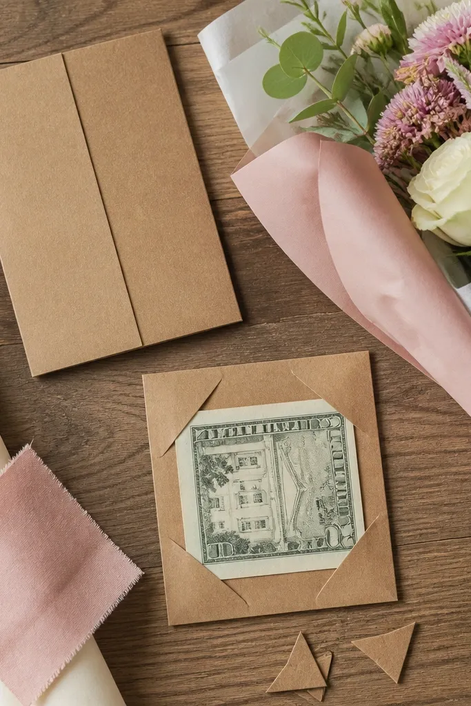 Money petals attached with small corner tabs on a backing card hidden inside the bouquet