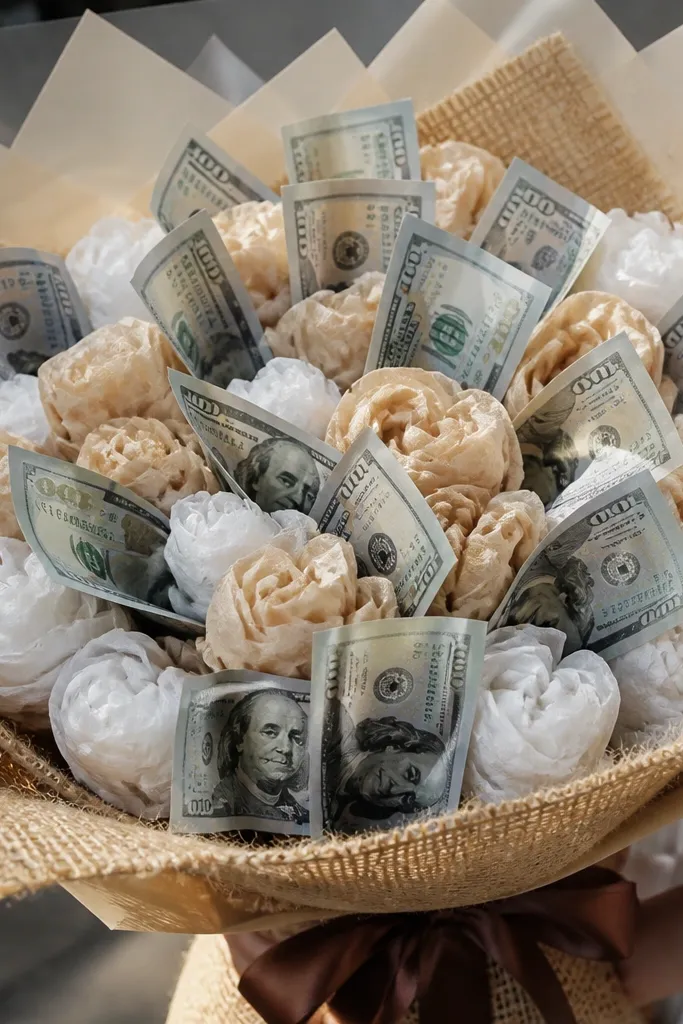 Crumpled cream tissue squares filling gaps between money petals and leaves