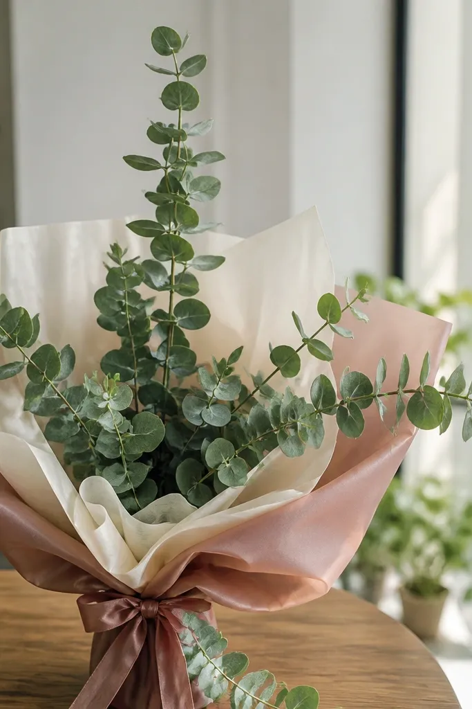 Eucalyptus-like sprigs placed in three main directions around the bouquet