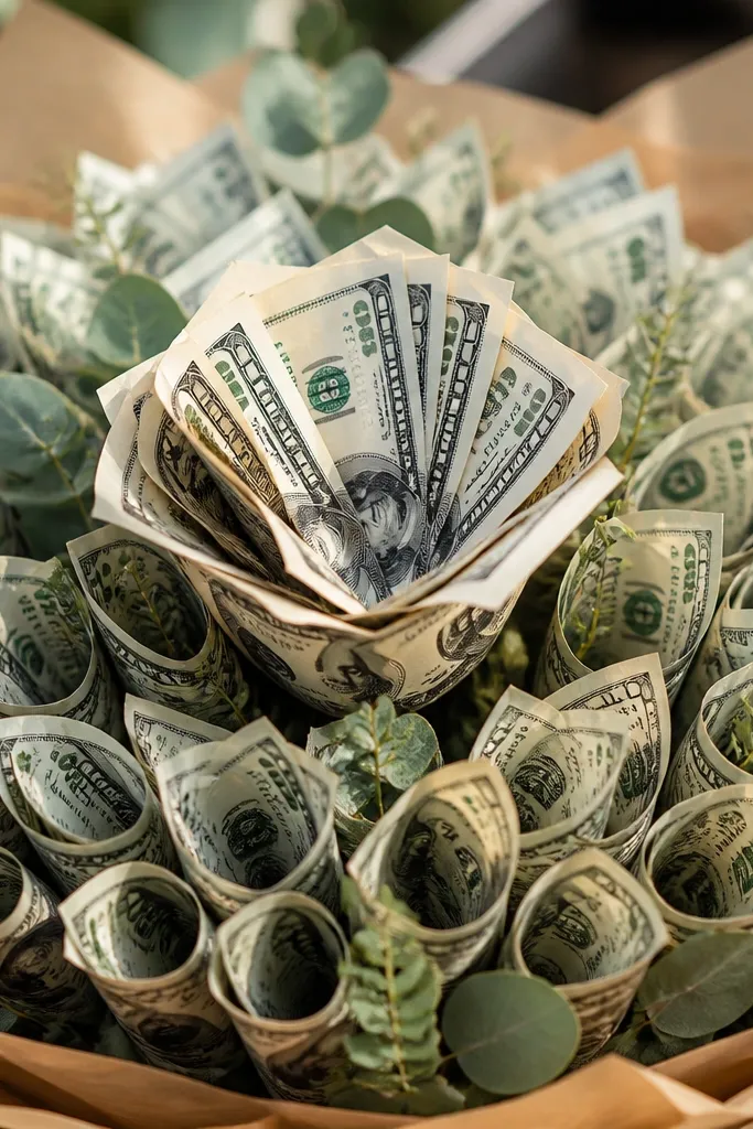 A single center bill folded into a bow shape with other money petals around it