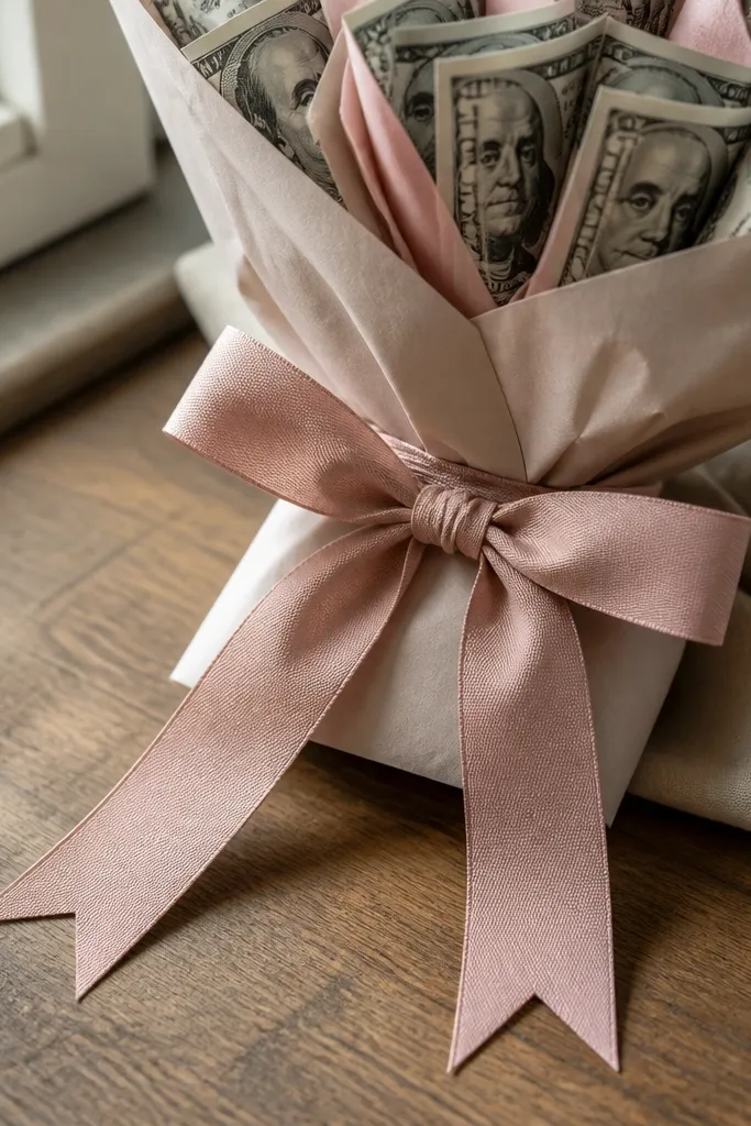 Brown ribbon tails cut in a V shape hanging straight from a bouquet bow