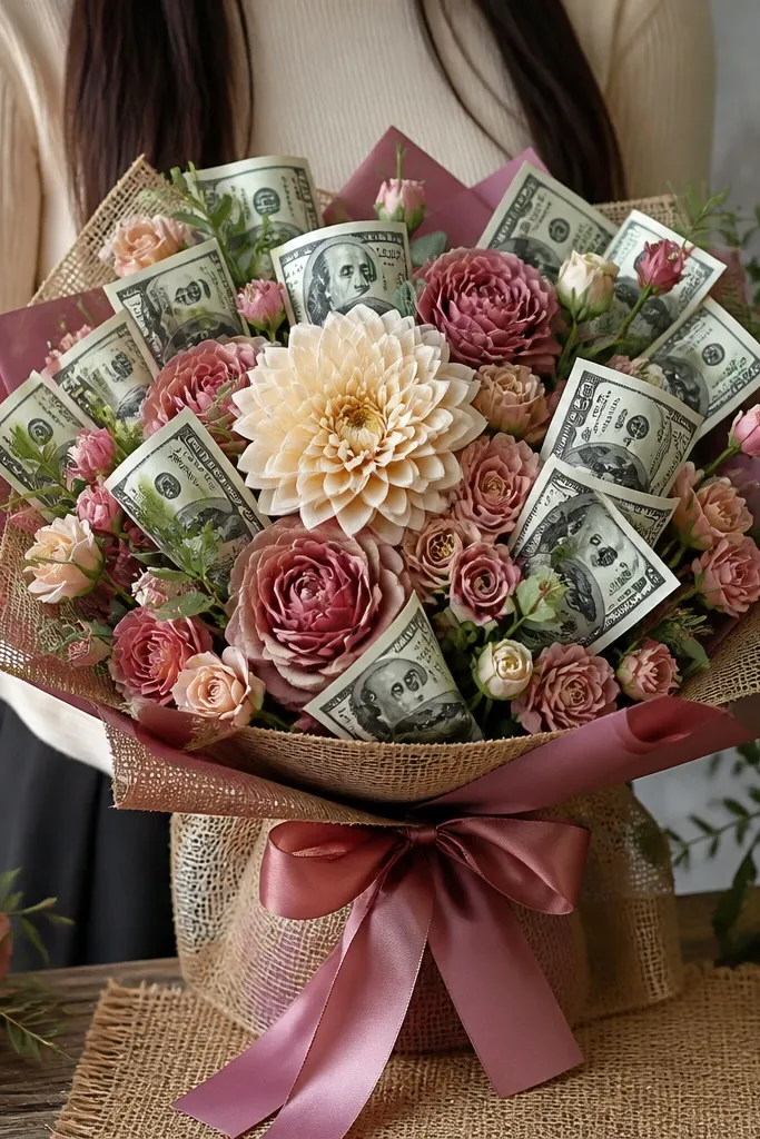 Matte faux flowers in three sizes mixed with leaves around money petals