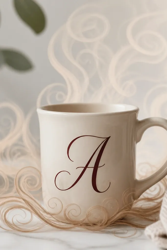 A cream mug with a large script letter in muted burgundy, surrounded by looping, light-brown steam curls that rise from the bottom. The steam curls fade slightly lighter at the top.