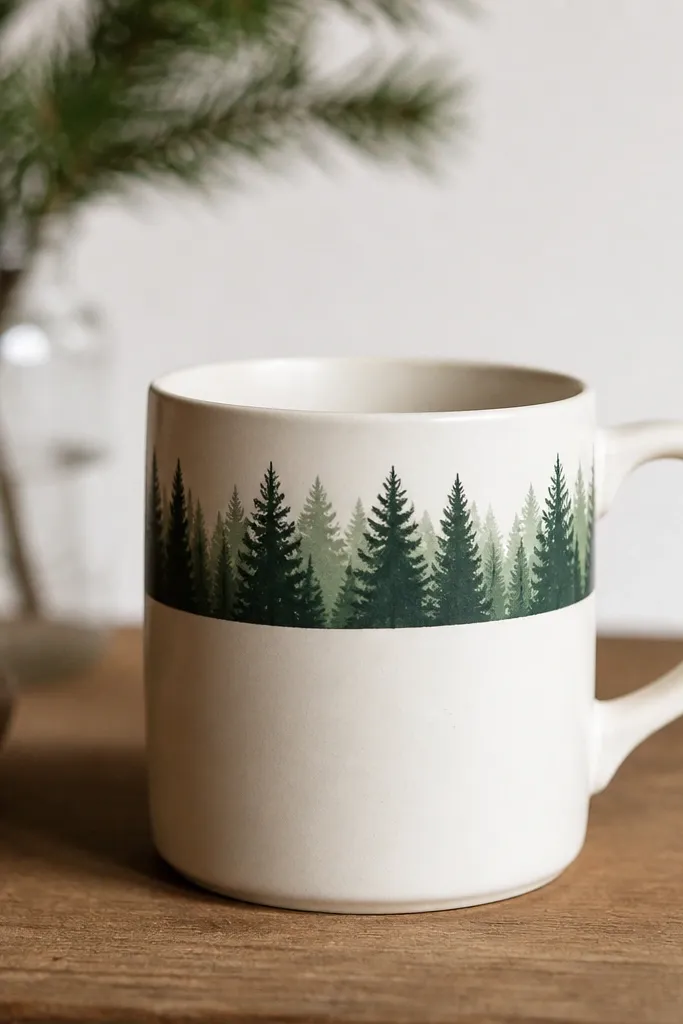 A mug with a horizontal band near the top featuring dark evergreen pine trees in silhouette, with a few lighter green layers behind them. The rest of the mug is matte warm white.