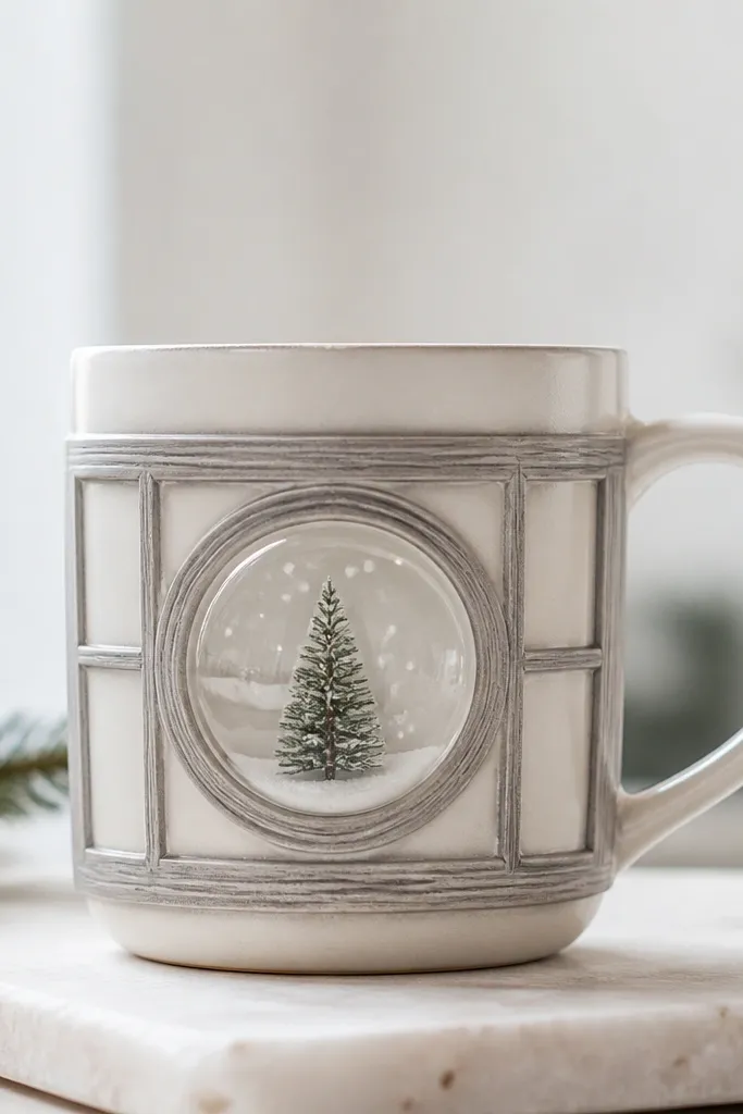 A mug with a faux window frame painted in soft gray, with a small "snow globe" circle in the center. Inside the circle are dot snowflakes and a tiny pine tree.