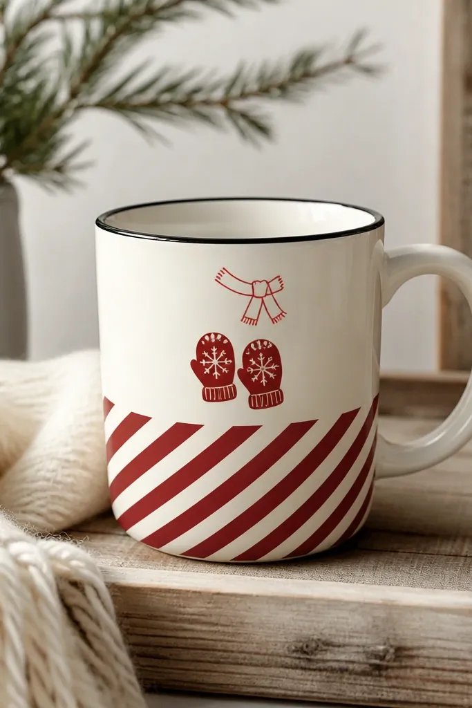 A mug with diagonal red-and-cream stripes across the lower half, plus a mitten icon in the middle and a small scarf line above it. The rim has a thin black line.