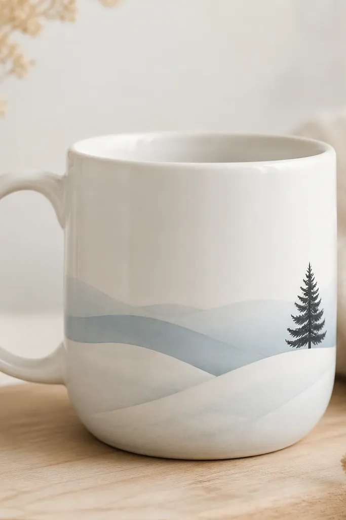 A white mug with soft, layered snow hills painted in warm white and pale blue, plus a small dark evergreen tree on the right side. The hills look like gentle curves.