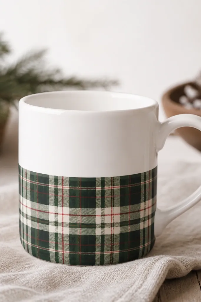 A mug painted with a classic plaid pattern only on the bottom half: dark green, cream, and muted red in intersecting lines. The top half stays plain white.