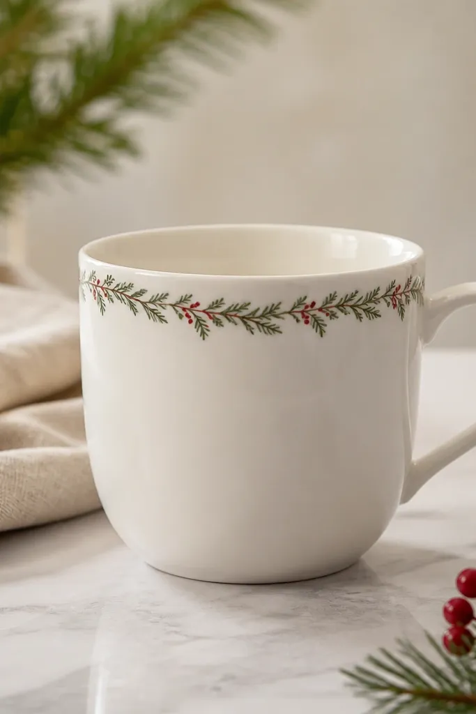 A mug with a thin wreath-like border around the rim: small evergreen leaves and red berry dots. The main mug body is a clean warm white.