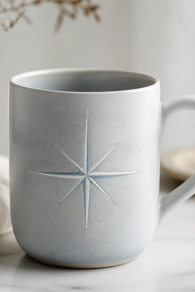 A mug with a single starburst in pale blue and white near the center, with a light frosting effect. The starburst lines are crisp, and only a few points have fine glitter.