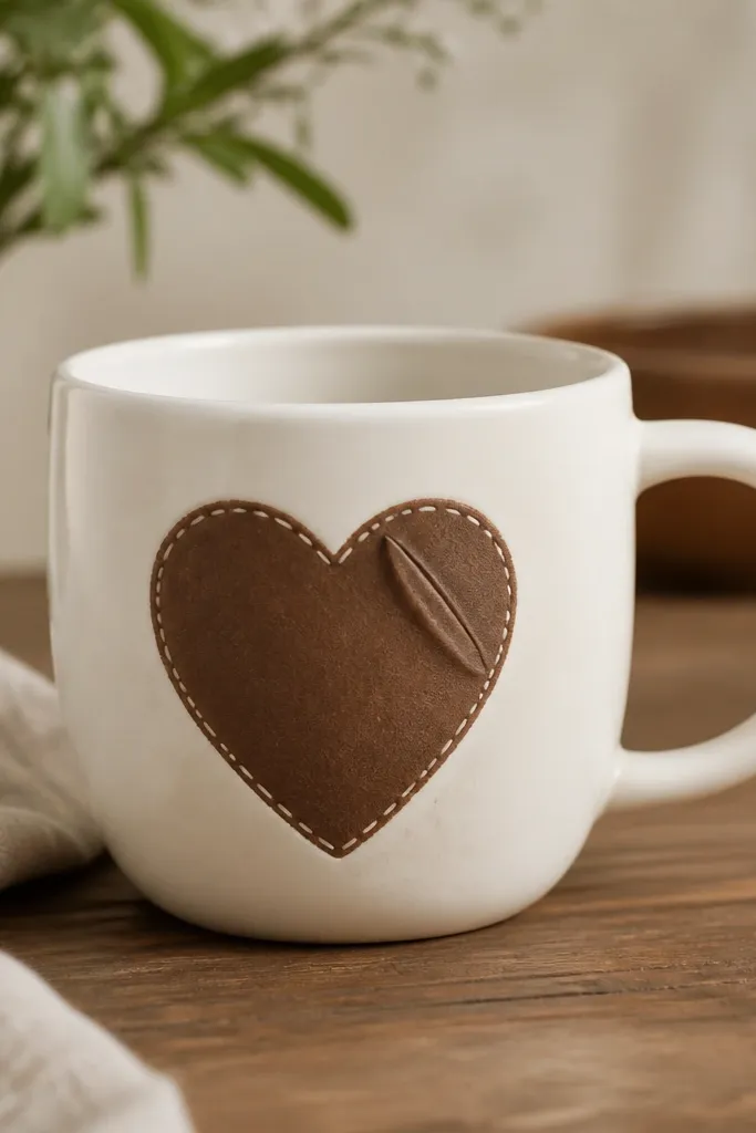 A mug painted in warm white with a large heart on the front in cocoa brown, plus a small pocket fold shading line and a tiny stitched border around the heart.