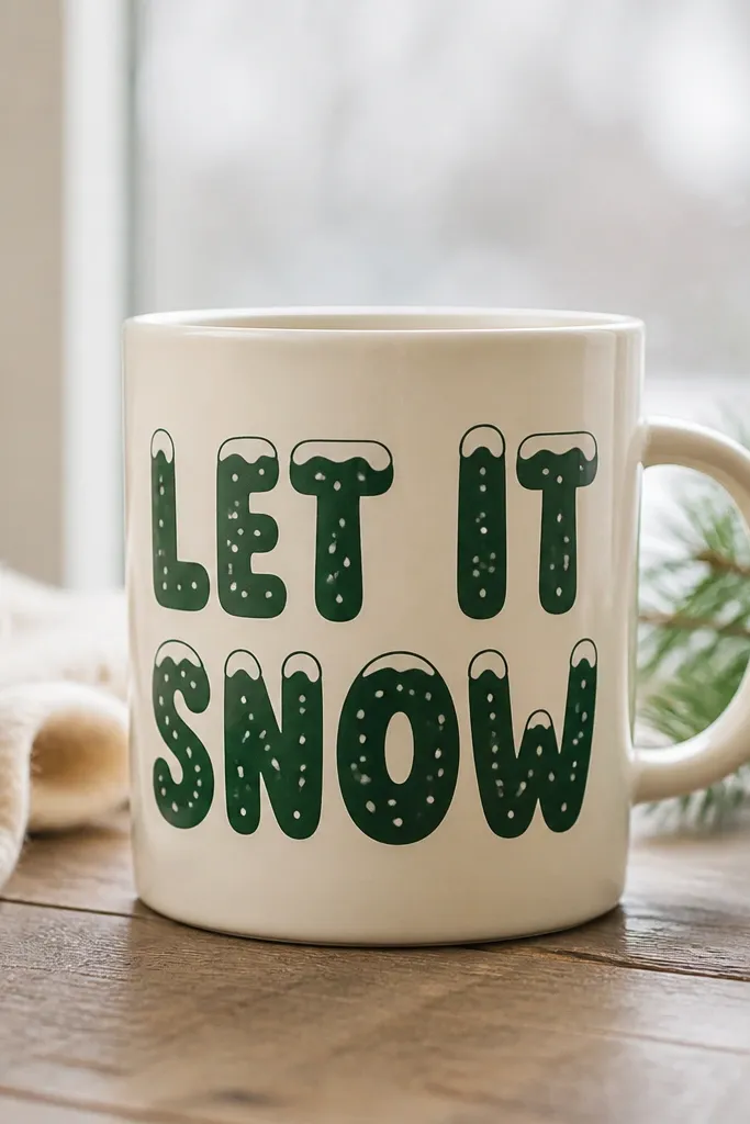 A cream mug with bold, thick hand-lettering reading "LET IT SNOW" in dark green. The letters have a slightly lighter top highlight and tiny snow dots inside.