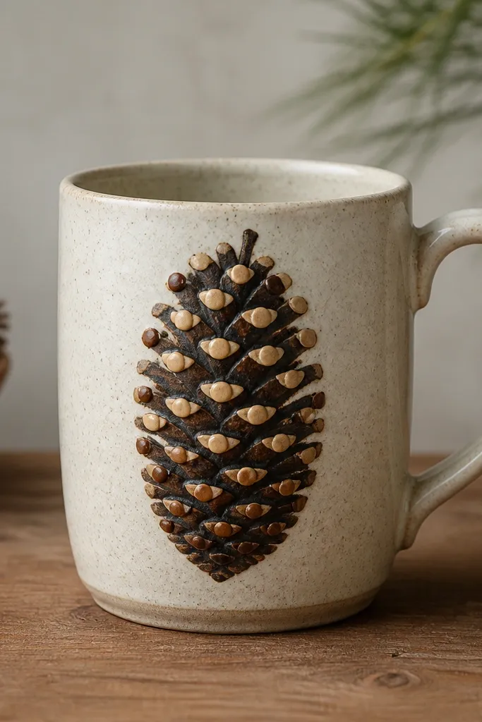 A mug with a vertical pinecone shape painted in dark brown. The pinecone has raised-looking dot rows in tan and brown, like a textured stamp effect.