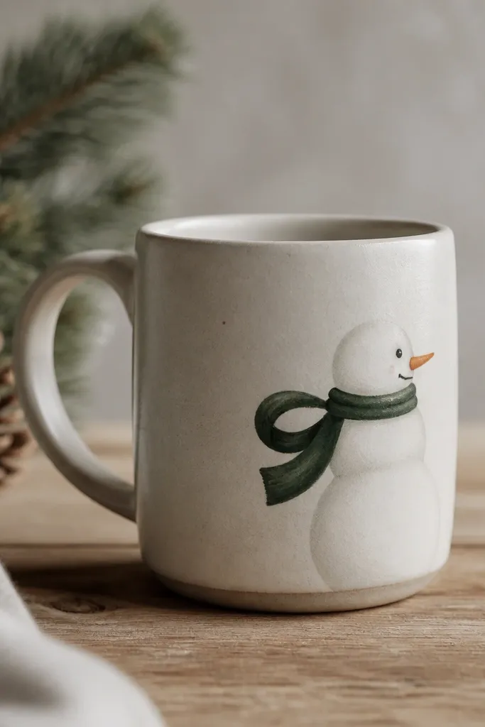 A mug showing a small snowman in side profile on the right side. It has a dark green scarf painted as a looping shape and a simple carrot nose in muted orange.