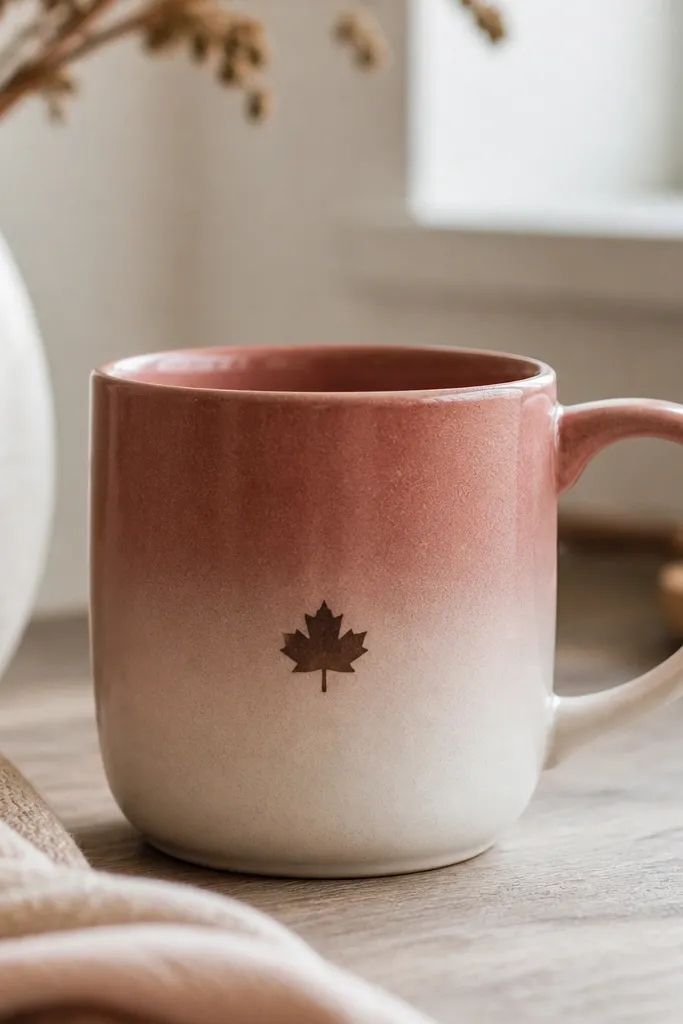A mug with an ombre of muted red into warm white across the bottom third, with a small maple leaf silhouette near the center in dark brown.