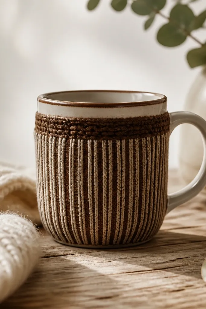 A mug painted to look like it has a thermal sleeve: vertical ribbing lines in cream and cocoa brown, with a small knit cuff band near the top.