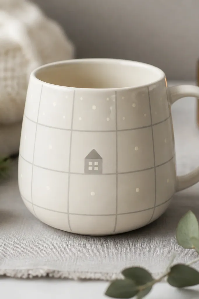 A mug with a grid windowpane pattern in pale gray lines, and small warm-white snow dots in each square. The center has a tiny house shape.