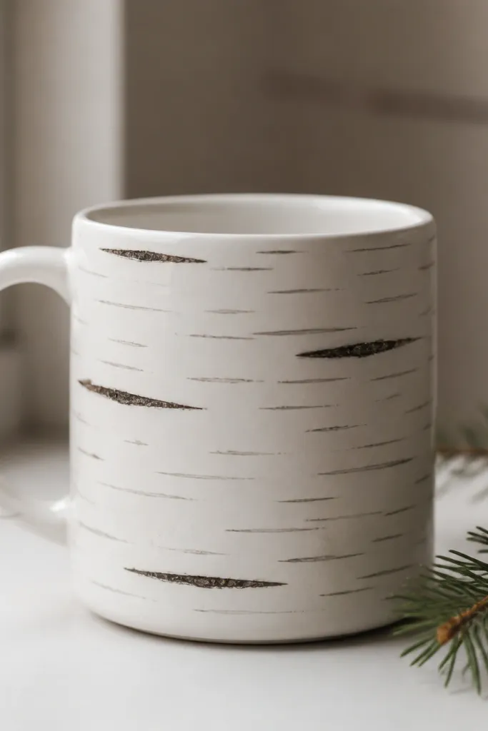 A white mug with birch bark streaks: thin gray lines and a few longer black-brown marks, plus a tiny evergreen branch on the right.