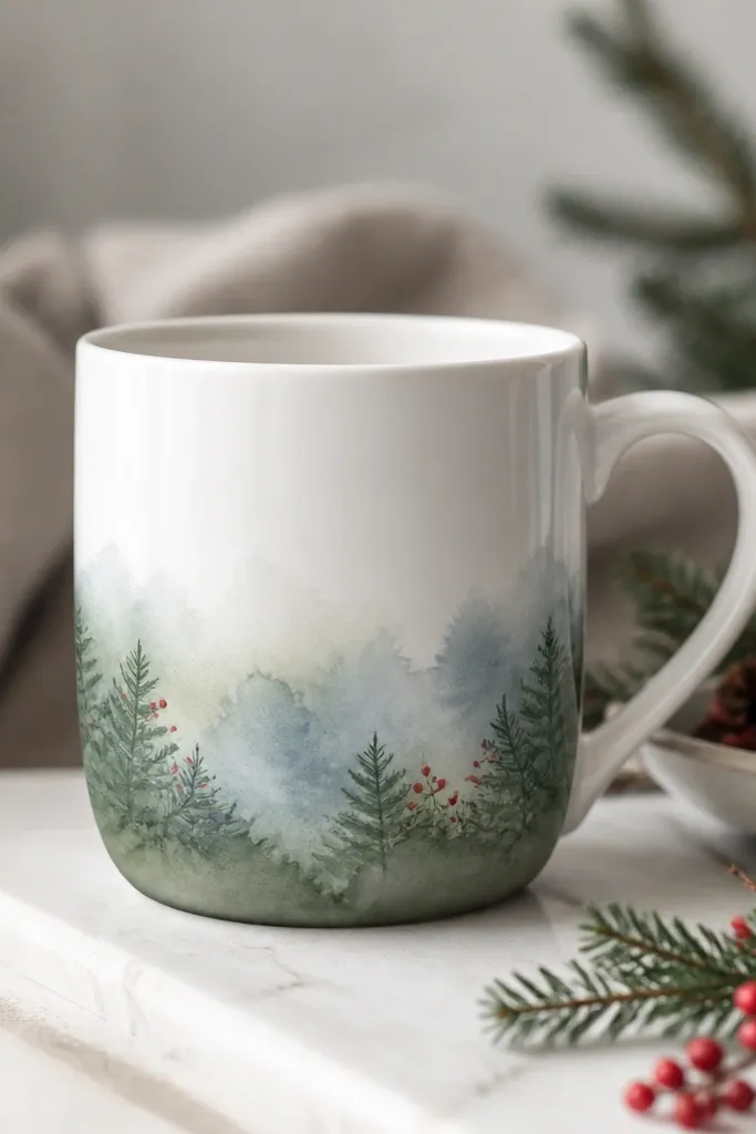 A mug with a soft watercolor wash across the lower half in muted evergreen green and pale blue, with small red berry dots and tiny pine tips. The edges look slightly feathered.