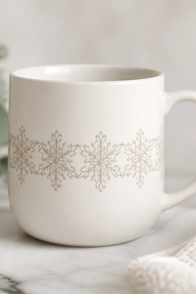 A mug with a lace-like border wrapping around the middle: repeating snowflake motifs connected by thin line loops. The mug body stays warm white.