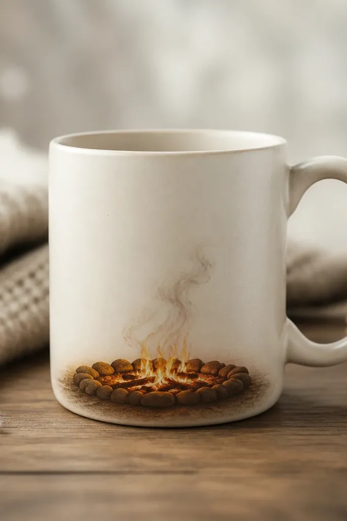 A mug with a glowing campfire circle near the bottom: orange and yellow embers with a darker brown fire pit, plus tiny smoke swirls rising. The rest of the mug is plain cream.