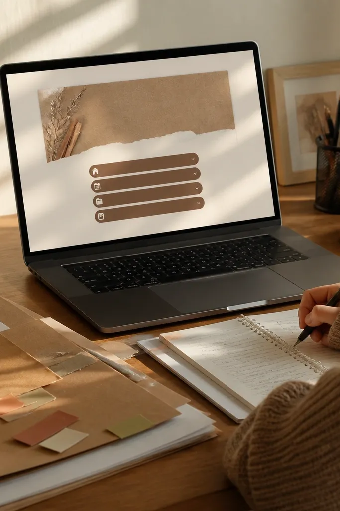 Warm beige cover with a simple title and buttons for assignments, calendar, and grades
