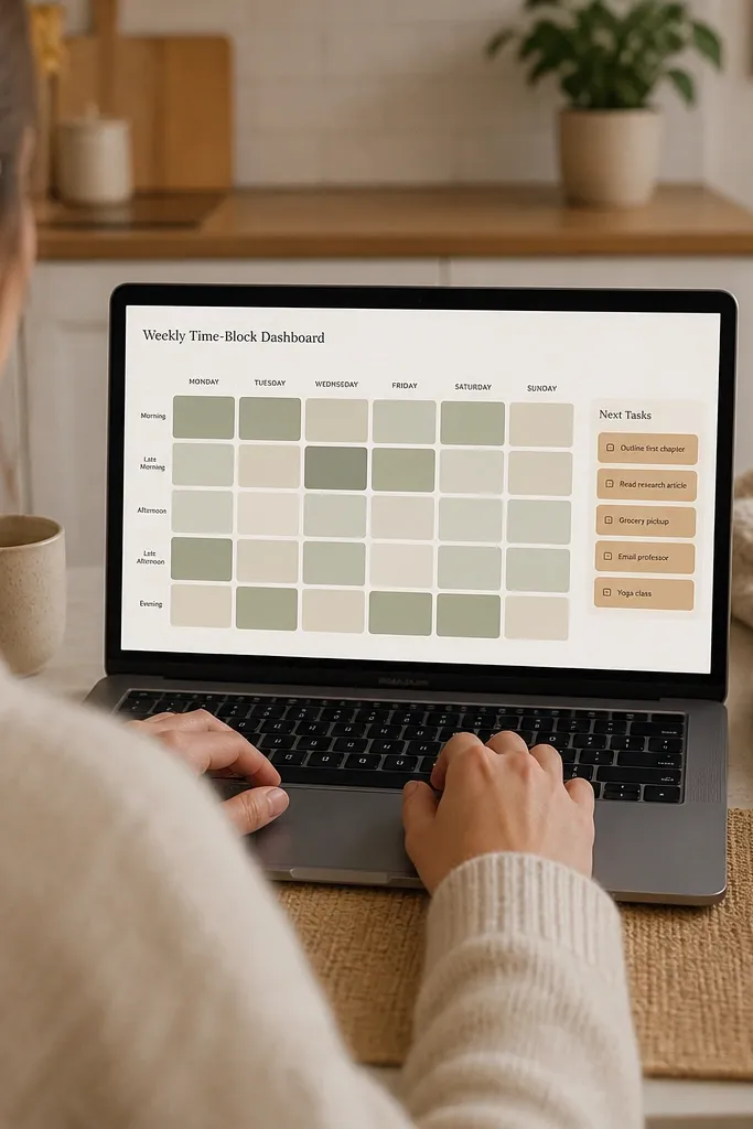Weekly grid with time blocks and a small sidebar showing today's tasks