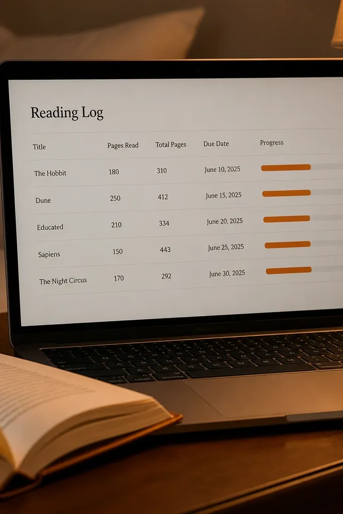Book list with progress bars and columns for pages read and due dates