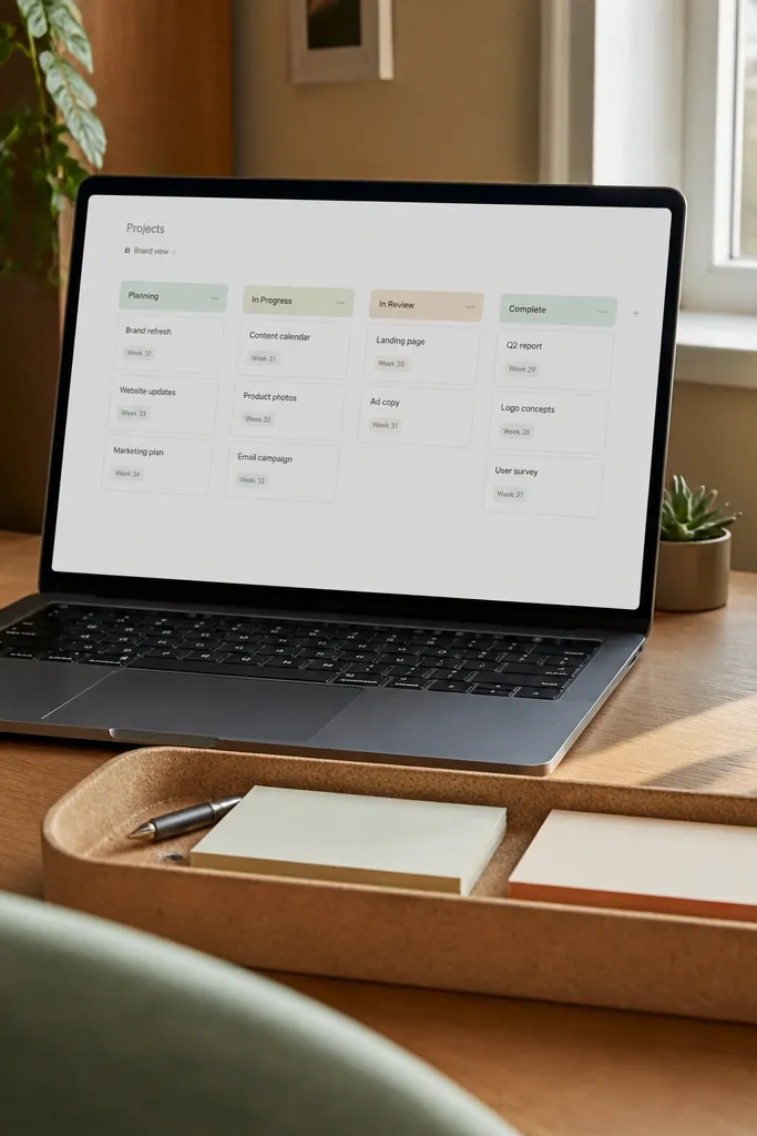 Kanban board with columns for tasks and a tag showing the week number