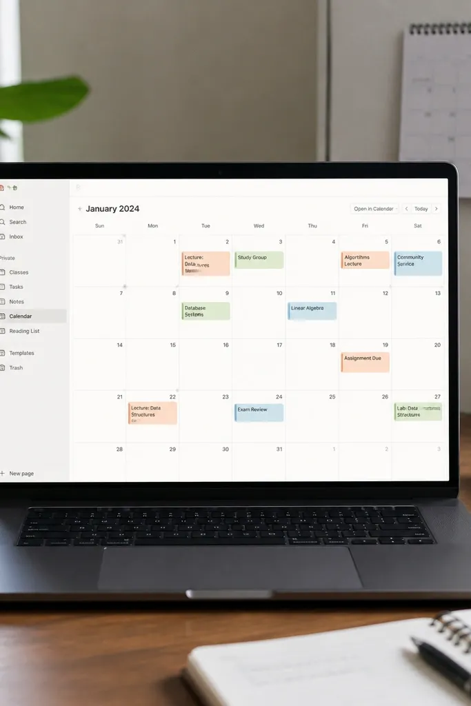 Monthly calendar with muted colored dots for each class due date