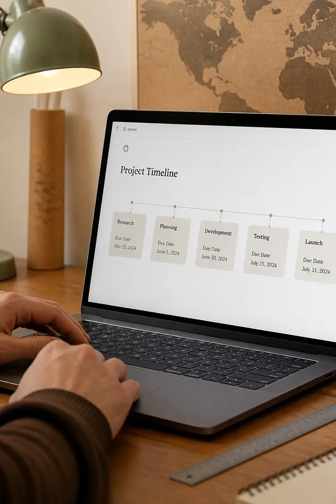 Timeline line with milestone cards spaced along it and due dates